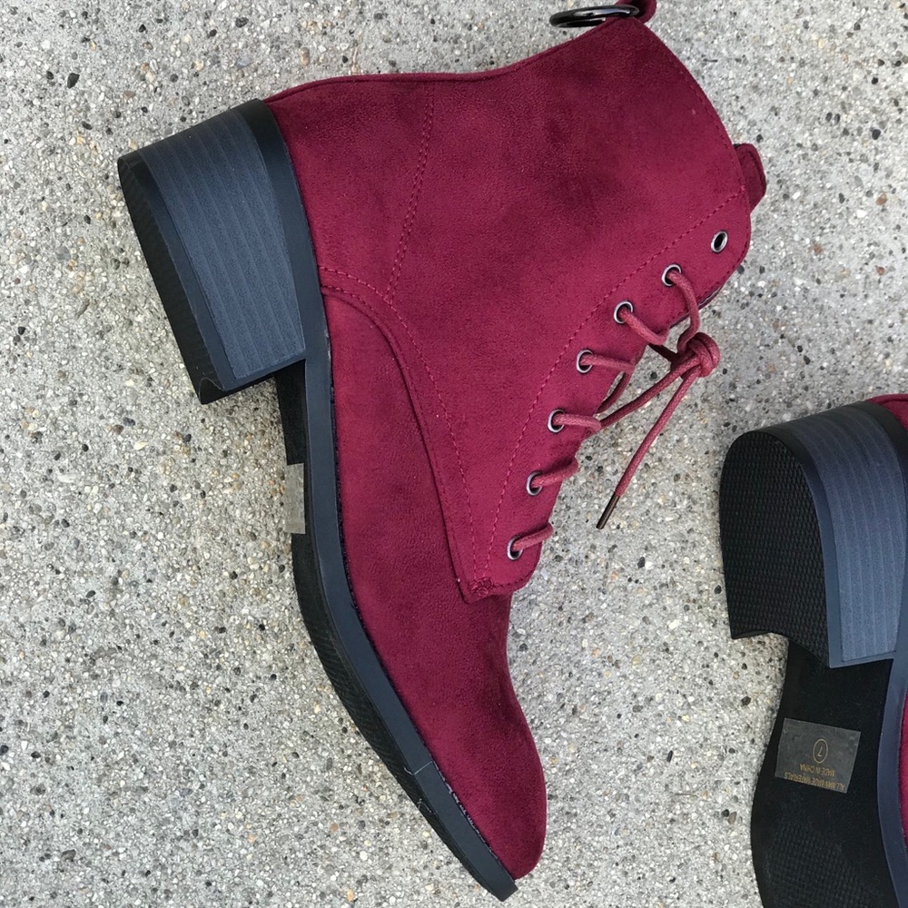 New! Kennedy Burgundy Wine Faux Suede COMBAT BOOTS - Picture 7 of 8